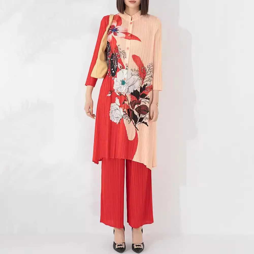 Женский осенний костюм Miyake новинка 2024 года топ на пуговицах с воротником-стойкой