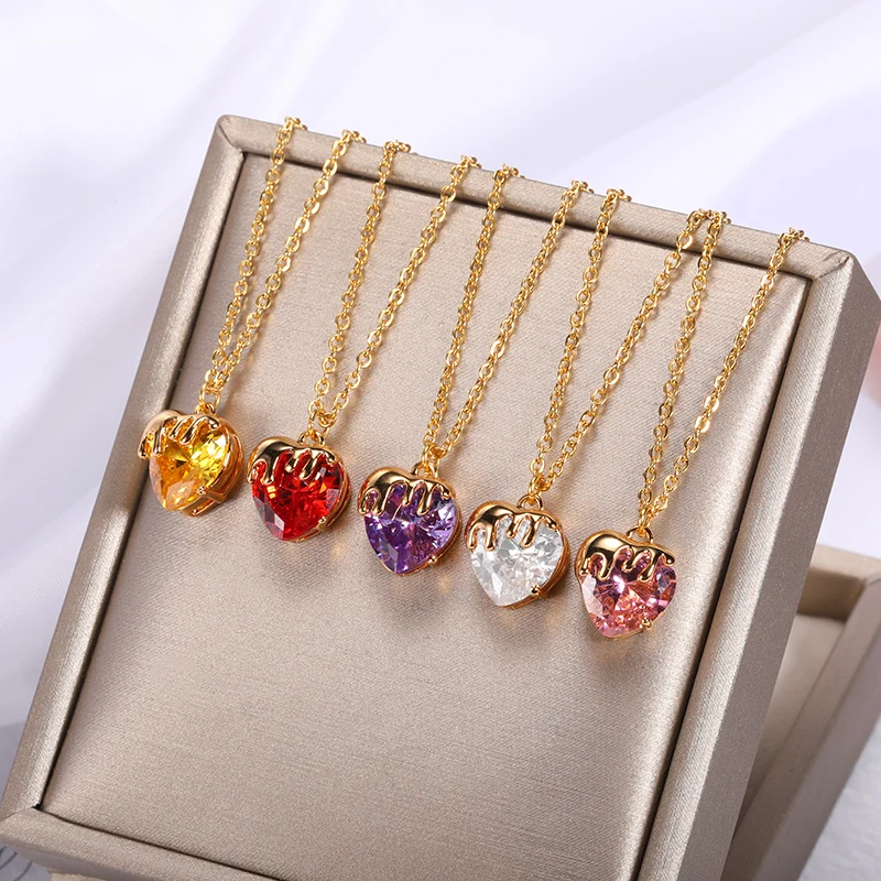 

Multicolor Zircon Heart Pendant Necklaces For Women Stainless Steel Clavicle Chain Fashion Party Jewelry Gifts Wholesale