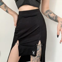 goth women grunge pencil skirt dark punk style black sexy midi skirts gothic slit hem high waist patchwork fashion streetwear