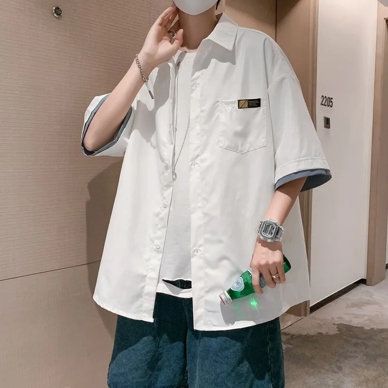 Streetwear Shirt Men Solid  Short Sleeve Shirts Loose Summer Fashion Casual Korean Shirt Mens Tops Clothes 2022 E23