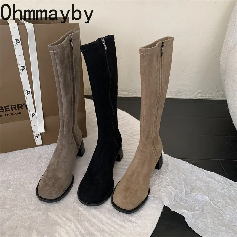 

Design Heel Western Cowboy Boots Fashion Round Toe Women Knee High Boots Sexy Thick Heel Side Zippers Ladeis Knight Long Boots