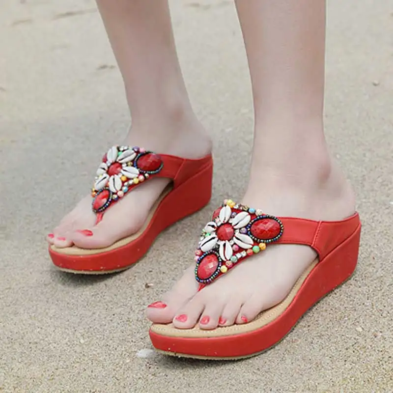 

Ethnic 5.5 Wedge Sandals Women Summer Beach Shoes Coloured Gemstones Appliques Flip Flops Leather Slippers Platform Casual Shoes