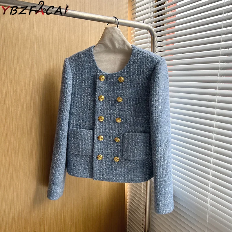 Women Fall Winter Blue Tweed Jacket Yellow Tweed Jacket Black Plaid Blazer White Double Breasted Cropped Top