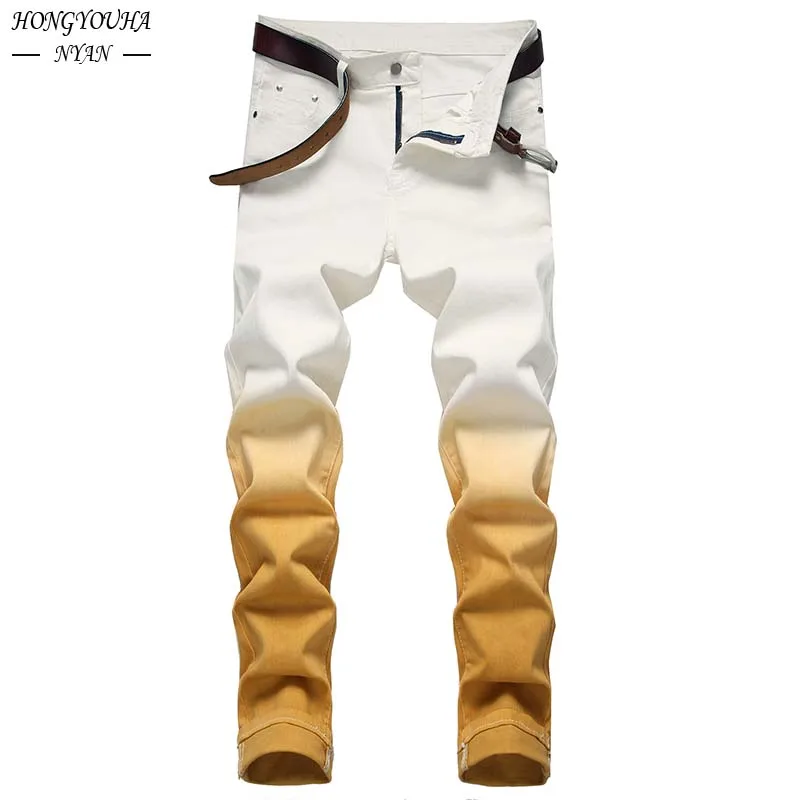 Men's Hanging White Red Gradient Slim Fit Jeans Fashion Stretch Straight Denim Pants Trouser European American Male Clothing
