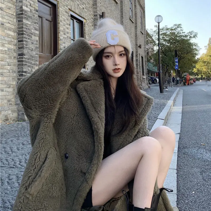 Lamb wool large size coat female winter platycodon temperament in long loose fashion female coat with thick fluffy long coat
