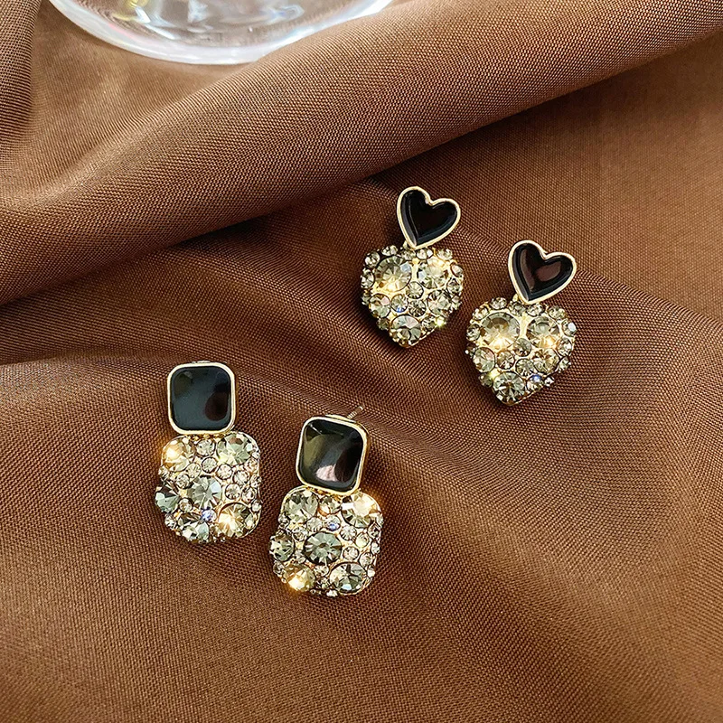 

925 Silver Needle Simple Retro Full Diamond Love Earrings Feminine Korean Geometric Rhinestone Fashionable