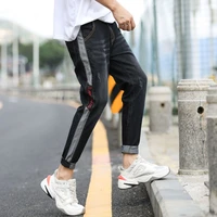 2022 summer fashion brand korean mens jeans students small foot long pants color stitching embroidery pants