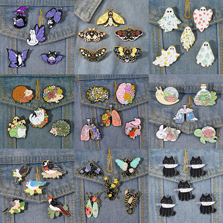 

5-6 pcs/set Dinosaurs Park Enamel Pins Butterfly Hedgehog Frog Brooches Lapel Badges Animal Plant Jewelry Gift for Kids Friends