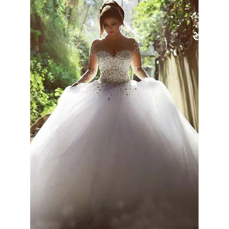 

New Robe Mariage 2022Women's Wedding Dress Bride Scoop Collar Backless Long Sleeve Luxury Shiny Sexy Vestidos De Novia Elegant