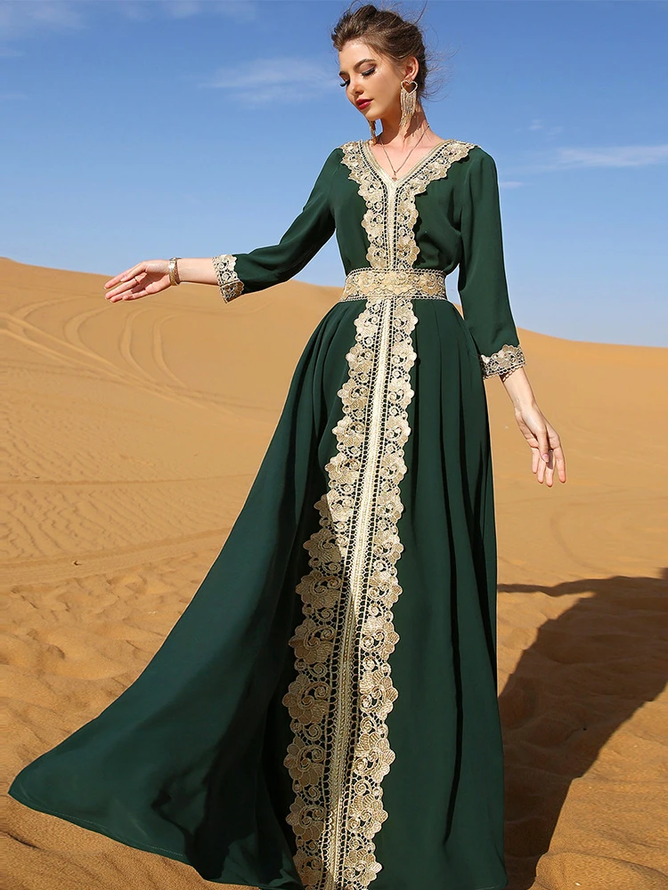 Элегантное мусульманское женское платье с вышивкой, кружевное, ретро, модное, абайя, длинное платье для вечерние, марокканский кафтан, одежд...