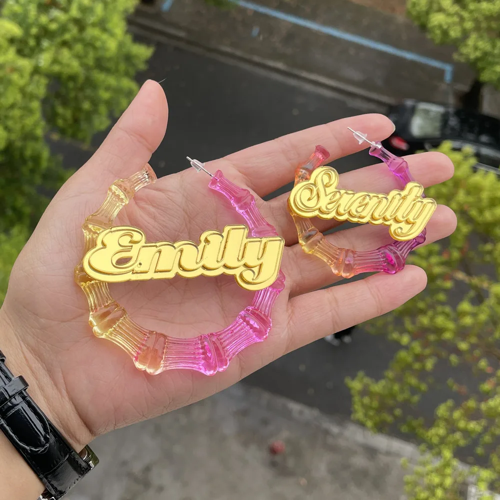 3UMeter Colorful Gradient Custom Name Hoop Earrings Women Acrylic Personalized Nameplate Holiday Seaside Earrings Gift