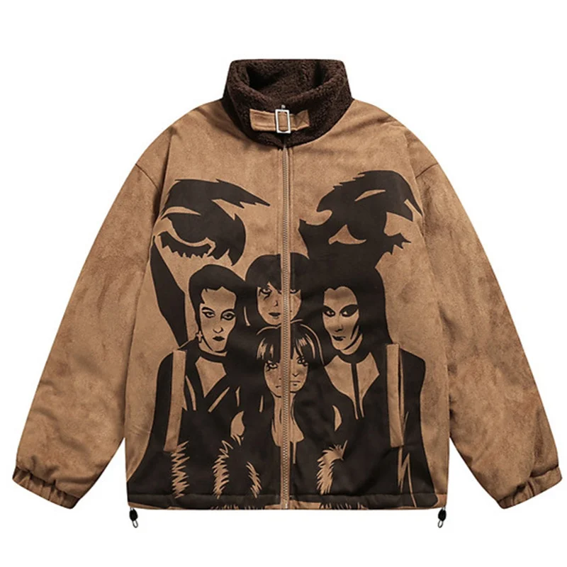 

Winter Thicken Parka Bomber Jacket Gothic anime Printed Suede Motorcycle Coat Men Vintage Thermal Loose Puffer Padded Jackets