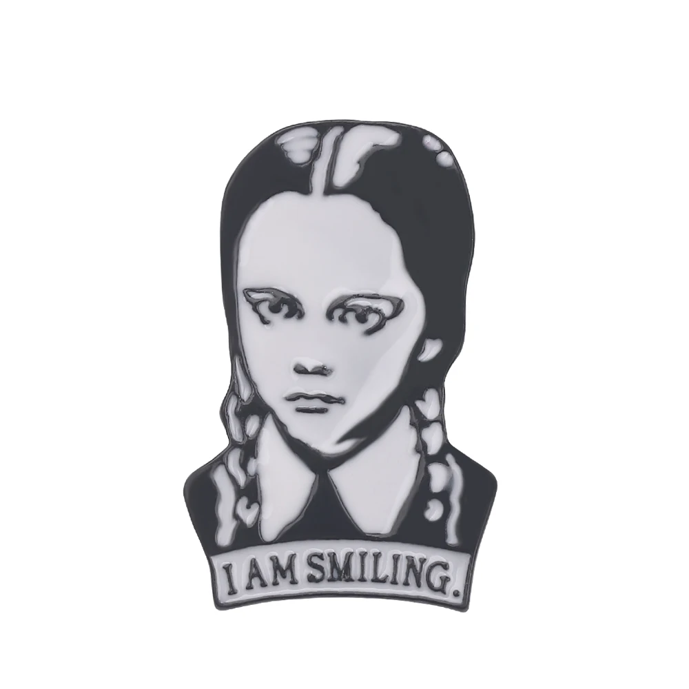 

Adams Family Brooch I Am Smiling Wednesday Enamel Pin Hard Lapel Pins Figure Girl Broche Jewelry Accessories Punk Fun Gift