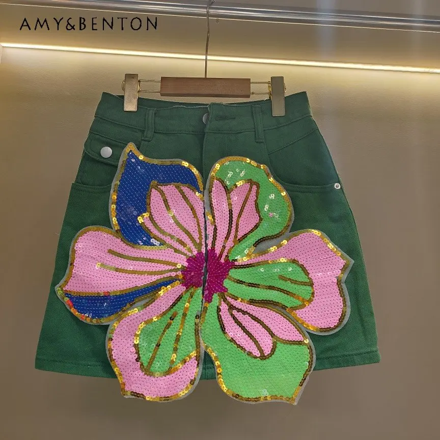 

Women's Sequin Print Design Sense Short Denim Skirt Female 2023 Summer Flower Cartoon New High Waist A- Line Mini Skirt