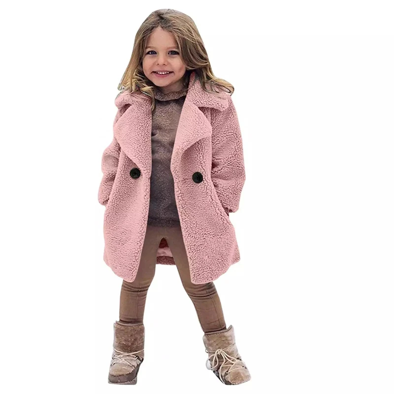 

Girls Winter Coat Windproof Thicken Warm Outwear Baby Kids Lapel Trench Solid Fleece Jacket Girs Boys Birthday Party Clothes