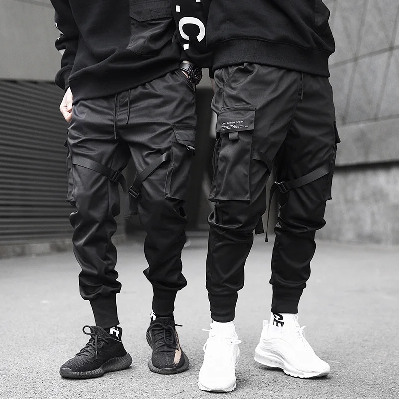 

Men Cargo Pants Black Ribbons Block Multi-Pocket Harem Joggers Harajuku Sweatpant Hip Hop Casual Harem Tide Male Trousers