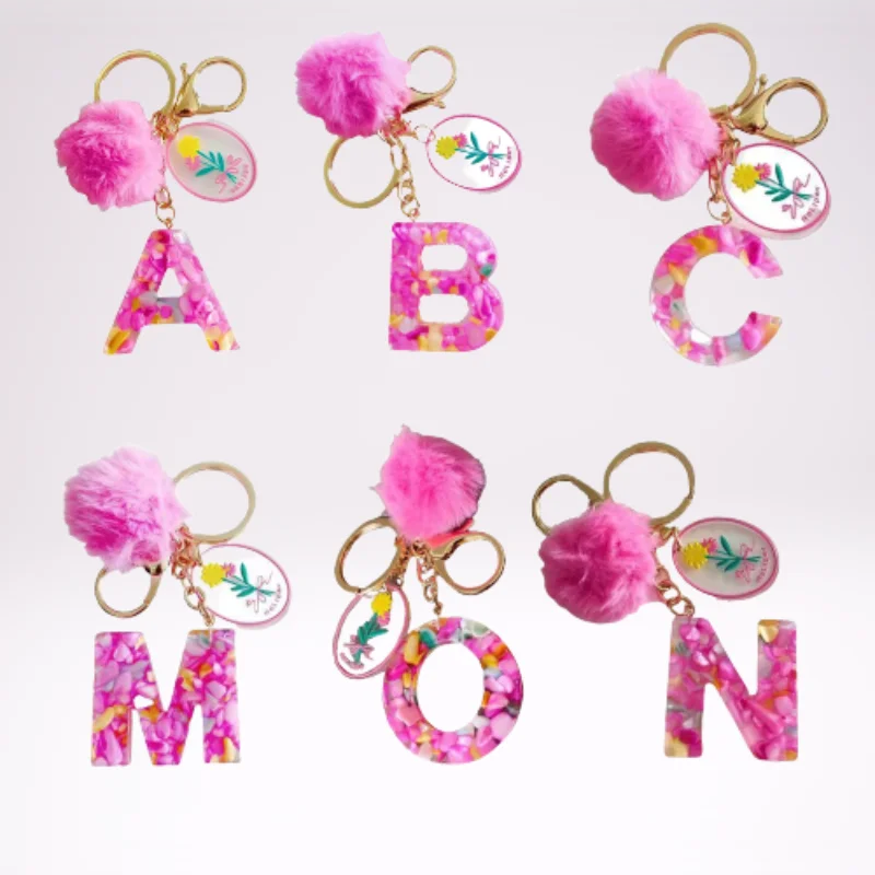 

Pink Pompom 26 Letters Keychain Pink Resin Initial Alphabet Keyrings With Delicate Hangtags For Women Purse Handbag Bag Pendant