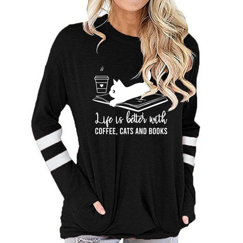 Женская хлопковая футболка с длинным рукавом принтом кофейного кота и книг