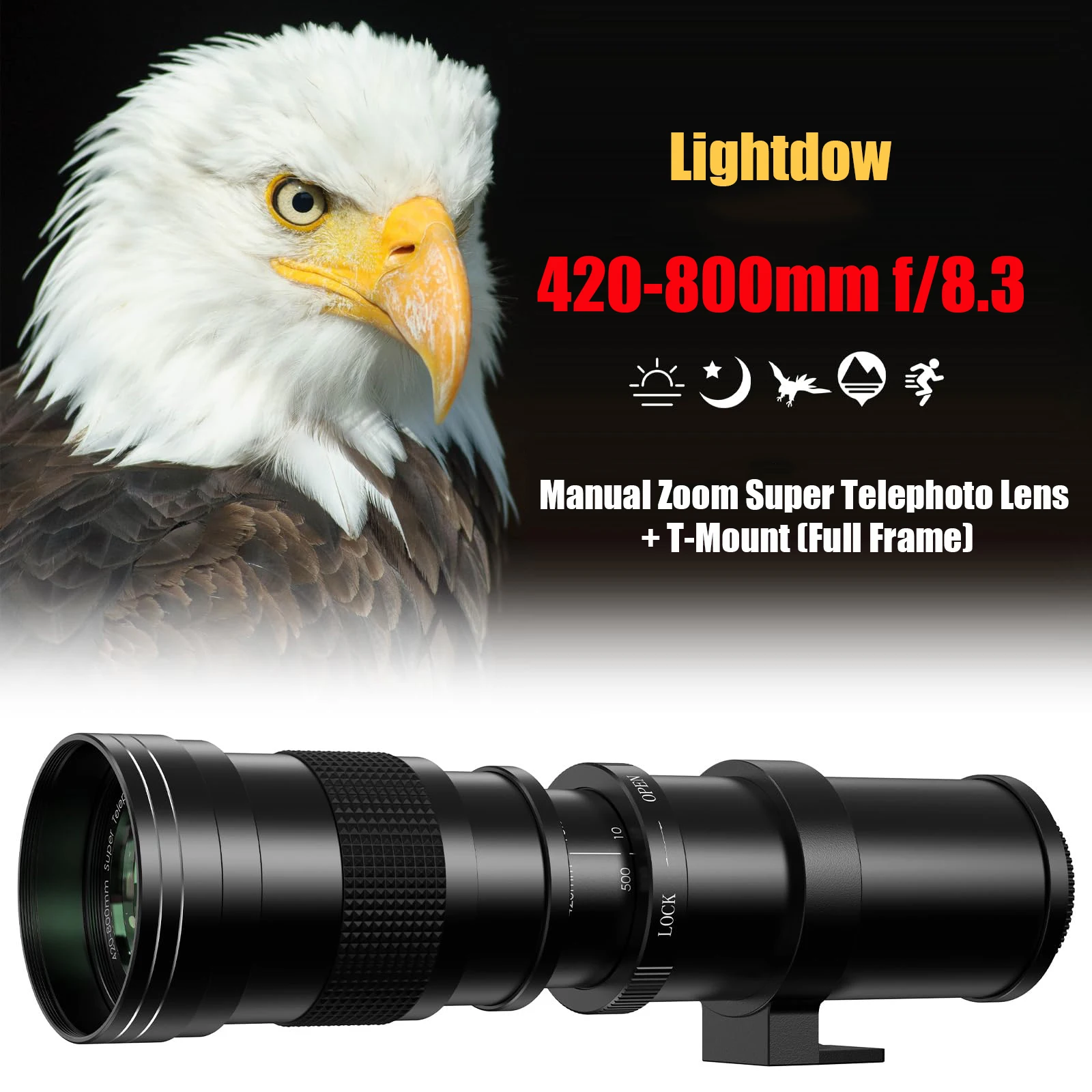 Телеобъектив Lightdow 420-800 мм f/8 3 с ручным зумом + T-образное крепление (полная рамка)