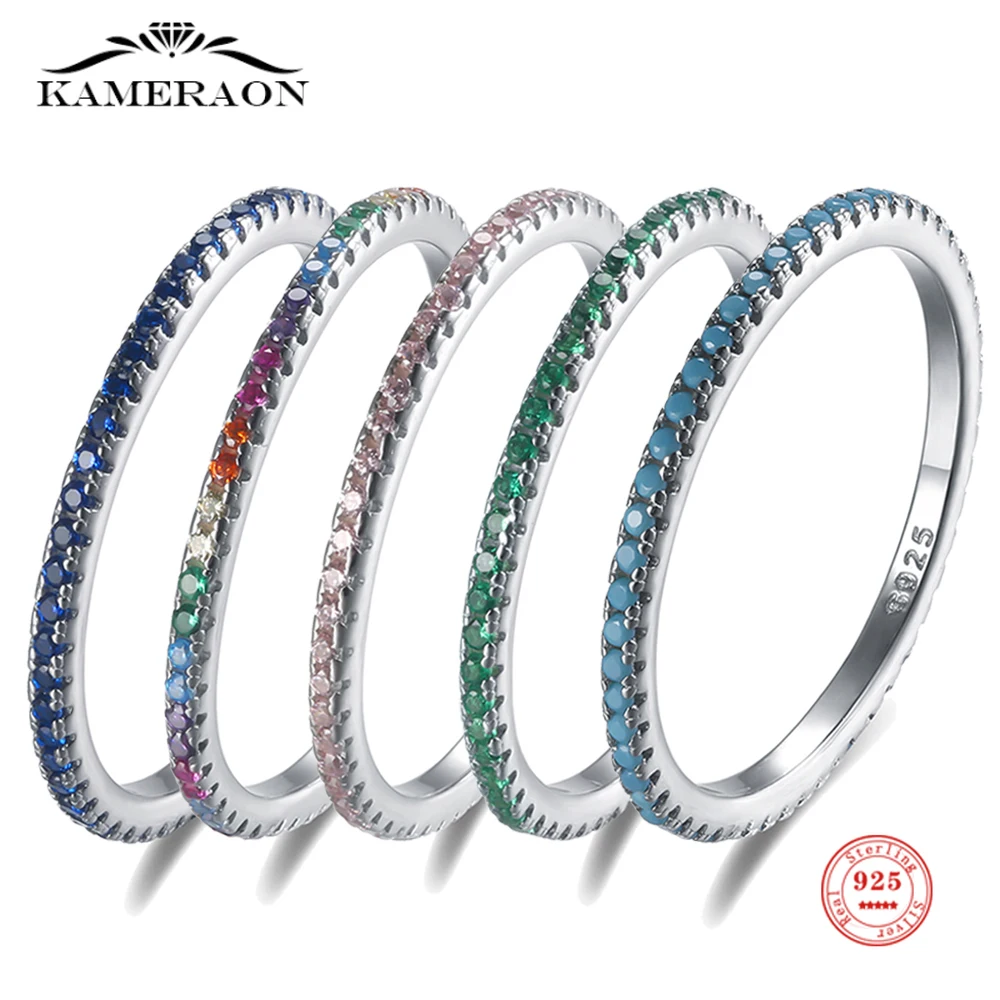 Kameraon 925 Sterling Silver Colorful CZ Thin Finger Rings 1.5mm Stack-able for Women Wedding Engagement Fashion Female Jewelry