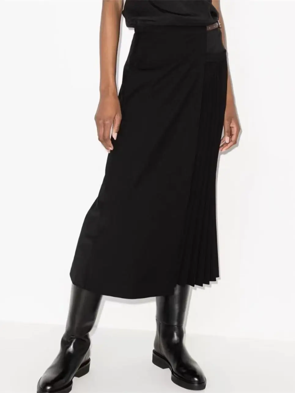 

Women Pleated Spliced Pocket Drawstring Belt Solid Color Casual Midi Skirt