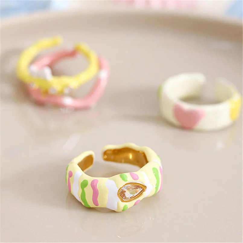 

Cute Pink Yellow Enamel Rings For Women Zircon Crystal Finger Ring Japanese Korean Style Jewelry Gift Bague Y2K