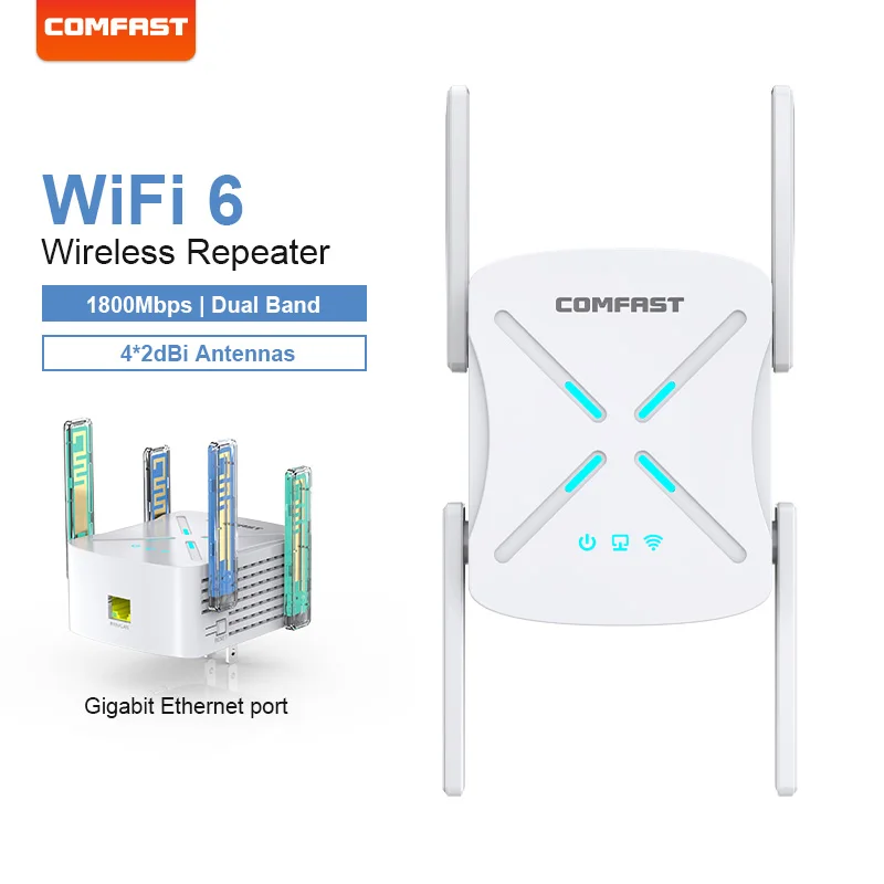 

1800Mbps WIFI6 Repeater 11AX 2.4/5Ghz Wireless Extender Gigabit Port 4 Antenna Signal Booster Repiter For Home Wi-fi 6 Router