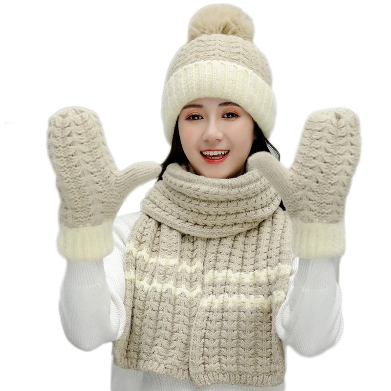 

Women Winter 3 Piece Pompom Beanie Hat Long Scarf Gloves Set Contrast Color Chunky Knit Plush Lined Skull Neck Drop Shipping