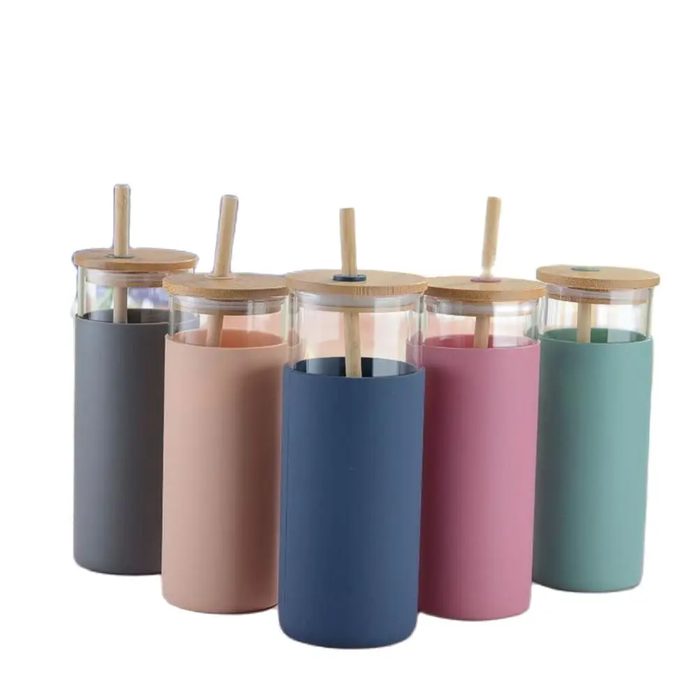 

20oz Kids Cartoon School Drinking Water Straw Bottle Single-Wall Tumbler Protective Sleeve Wood Lid Glass Cup Bottle with Straw