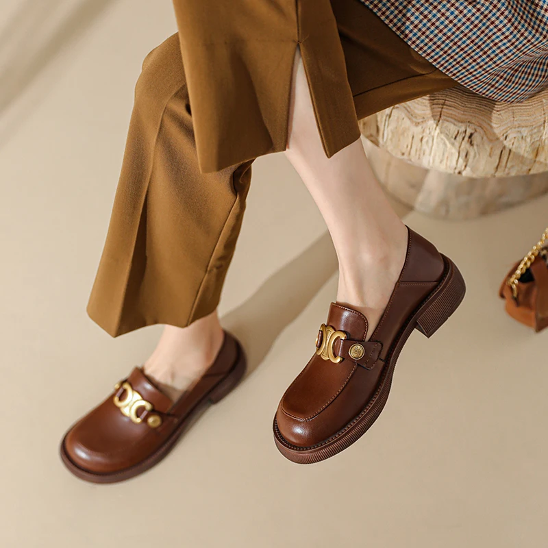 

Sring/Autumn Genuine Leather Loafers Women Round Toe Metal Decoration Casual Ladies All-match Comfort High Quality Chunky Shoes