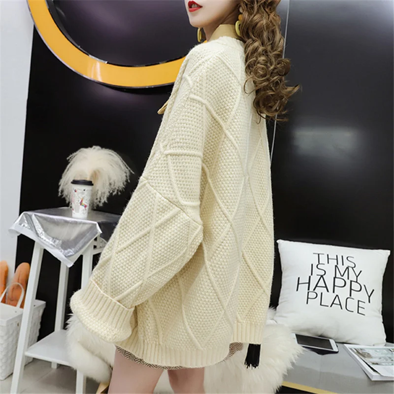 

Mid Korean Length Big Pocket Knitted Sweater Women Autumn Winter Fashion Loose Red Beige Long Sleeve Knitwear Jacket Coat Female