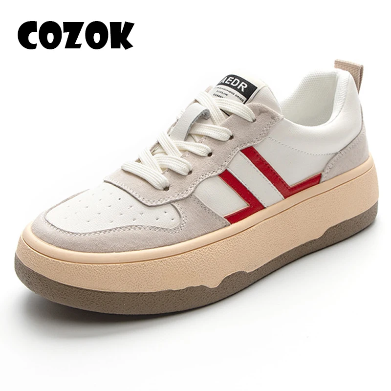 

Women Genuine Leather Shoes Casual Spring Lace-up Sport Shoes Fashion Mixed Color Round Toe Sneakers Plus Size 41