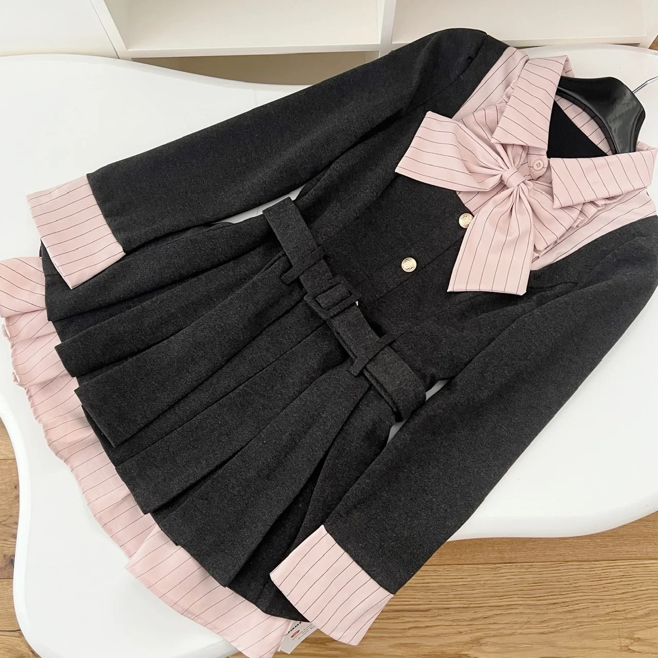 Осень 2024 женские кавайные академические черно-розовые платья с бантом для Cutecore