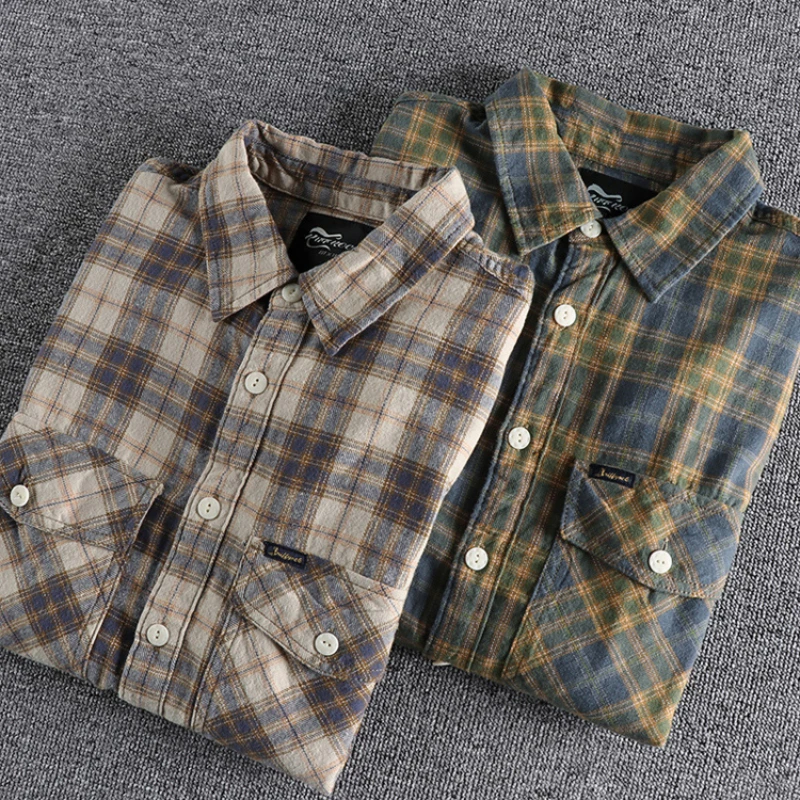 Kaji retro tooling plaid shirt men's flannel sanding comfortable casual American Joker shirt jacket in autumn and winter