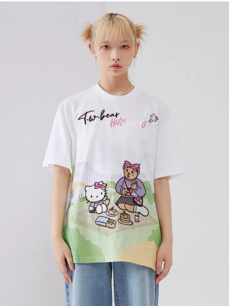 

Embroidery Fashion Women Tees Oversize Cartoon Short Sleeves T-Shirt Cotton Fabric Loose Casual Student Tops