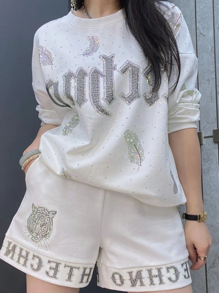 Heavy Industry Cartoon Rhinestone Womens Shorts 2023 Summer Women's Clothing New Elastic Waist Casual Wide-Leg Shorts Female