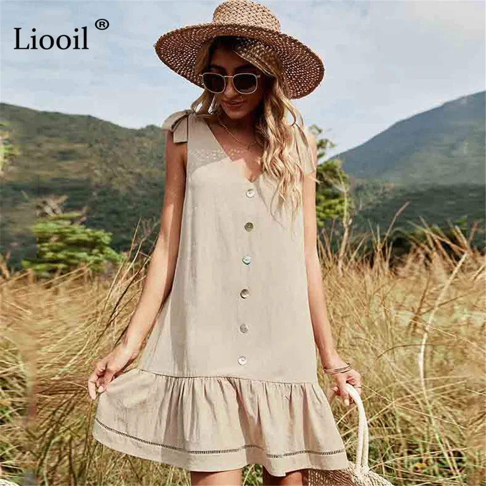 

Liooil Khaki Sexy Tank Mini Dress Women Streetwear Summer 2022 Sleeveless V Neck Drawstring Button Loose Holiday Short Dresses