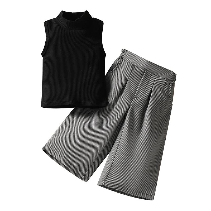 

Girl s Two-Piece Suit Sleeveless High Neck Tops Stripe High Waist Wide-Leg Pants for Birthday Party