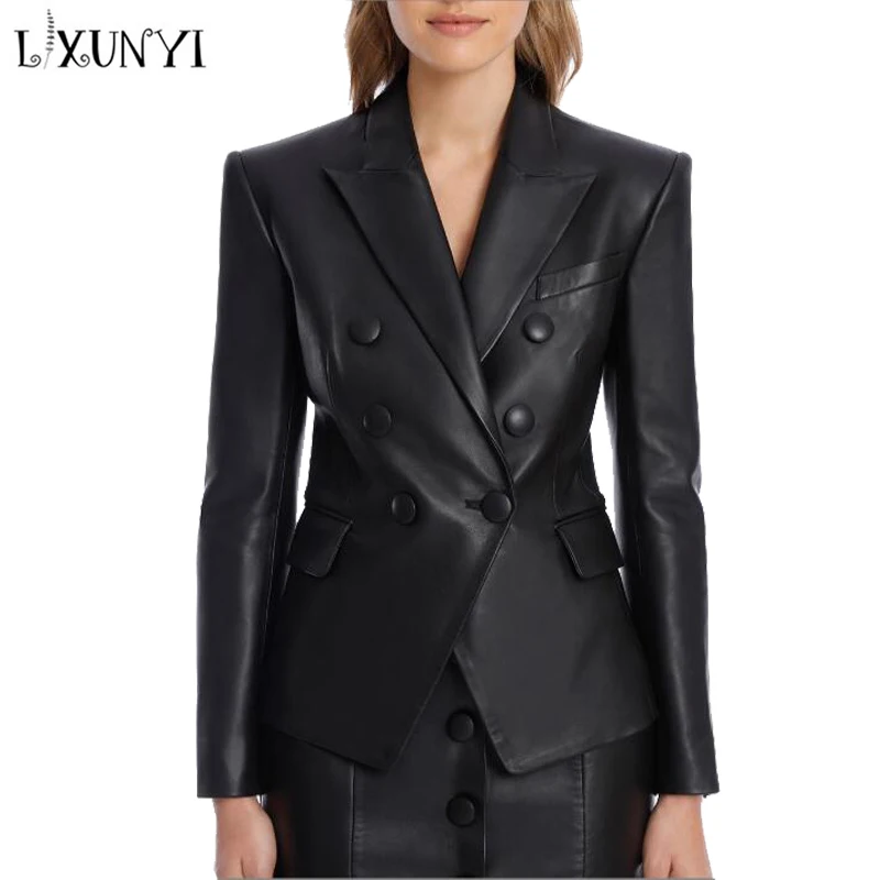 LXUNYI Black Leather Blazers Women Spring Autumn Slim Double Breasted Fashion Woman Faux Leather Jacket High Quality Formal Coat