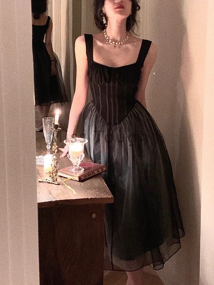 

Summer France Vintage Elegant Black Dress Koran Style Sexy Party Mini Dresses Women Designer Backless Strap One-piece Dress 2022