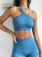 ledp 2022 solid color fashion one shoulder knit sleeveless elegant crop tank top shorts activewear womens 2 piece ribbed suit