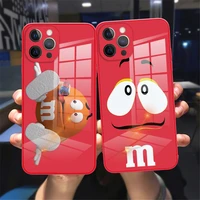 fashon cute cartoon chocolate beans phone case for iphone 11 12 13 pro max 12 13 mini red tempered glass reflective case