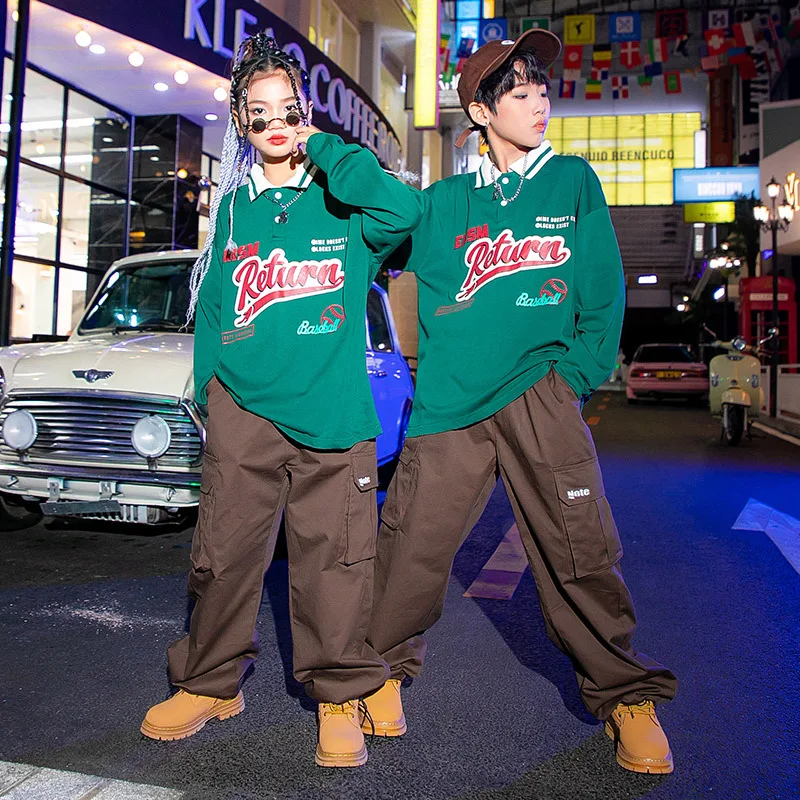 

Kid Hip Hop Clothing Oversized Polo Neck Long Sleeve T Shirt Drawstring Cuff Cargo Pants for Girl Boy Jazz Dance Costume Clothes