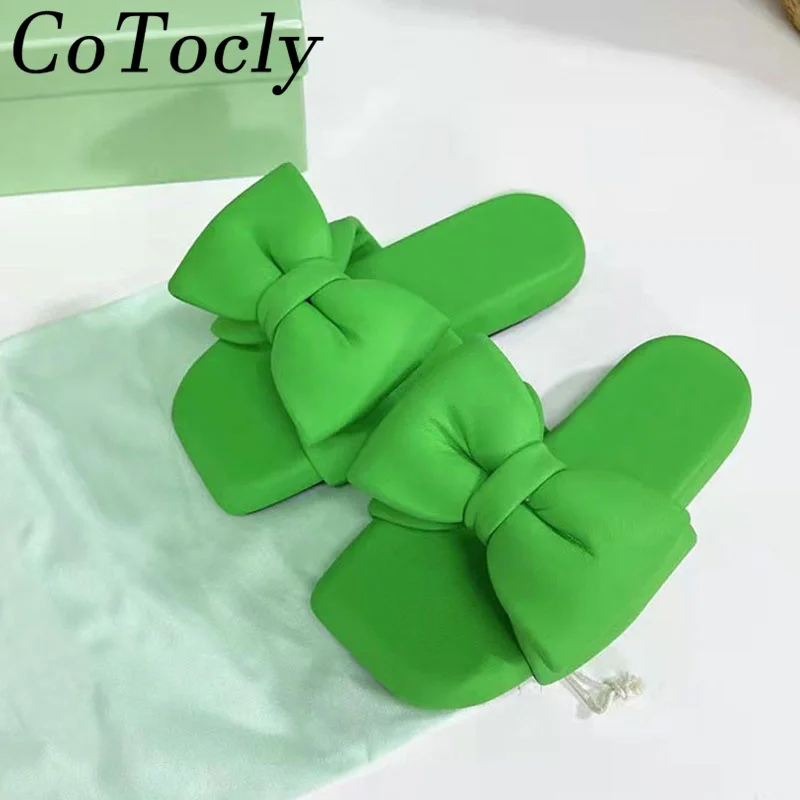 

High Quality Thick Sole Slippers Women Genuine Leather Butterfly-knot Sweet Slides Lady Flat Platform Sandals Summer Shoes Women