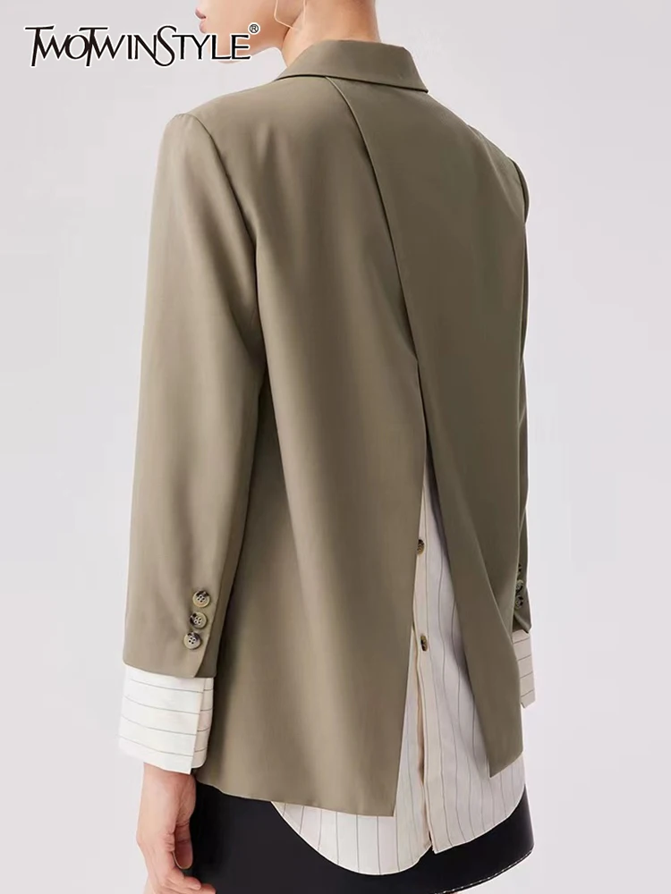 

TWOTWINSTYLE Patchwork Split Striped Blazer For Women Notched Collar Long Sleeve Colorblock Loose Blazers Female Clothing 2022