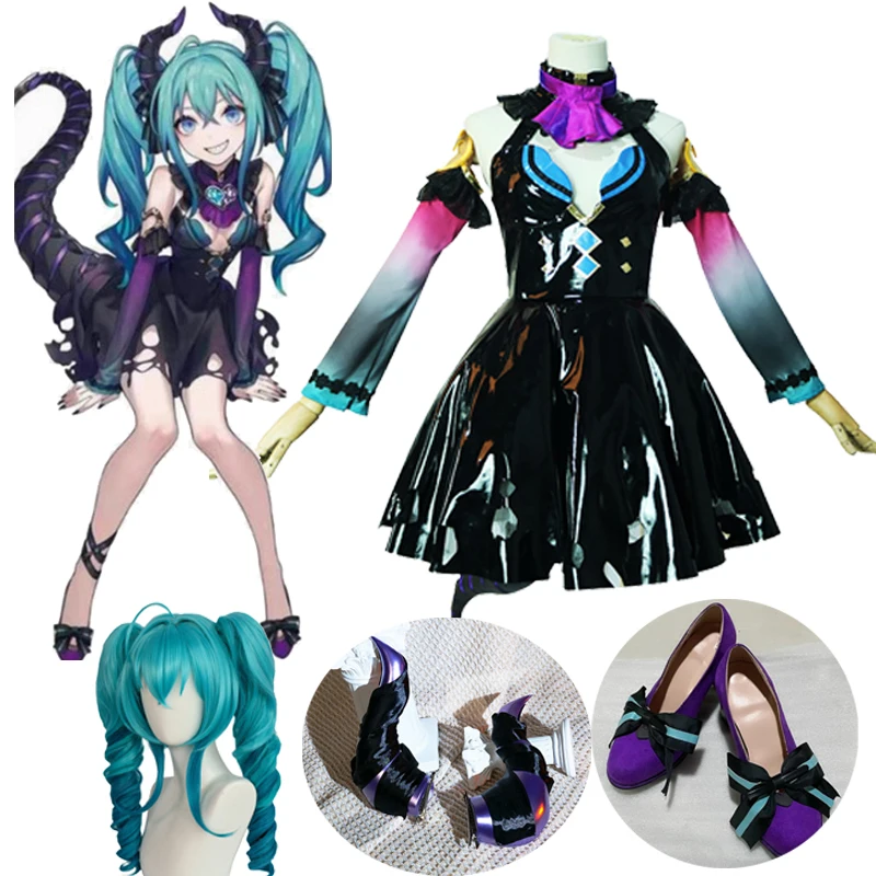 

Little Devil Mikuku Cosplay Costume Miku Dress Horn Shoes Wholeset Wig
