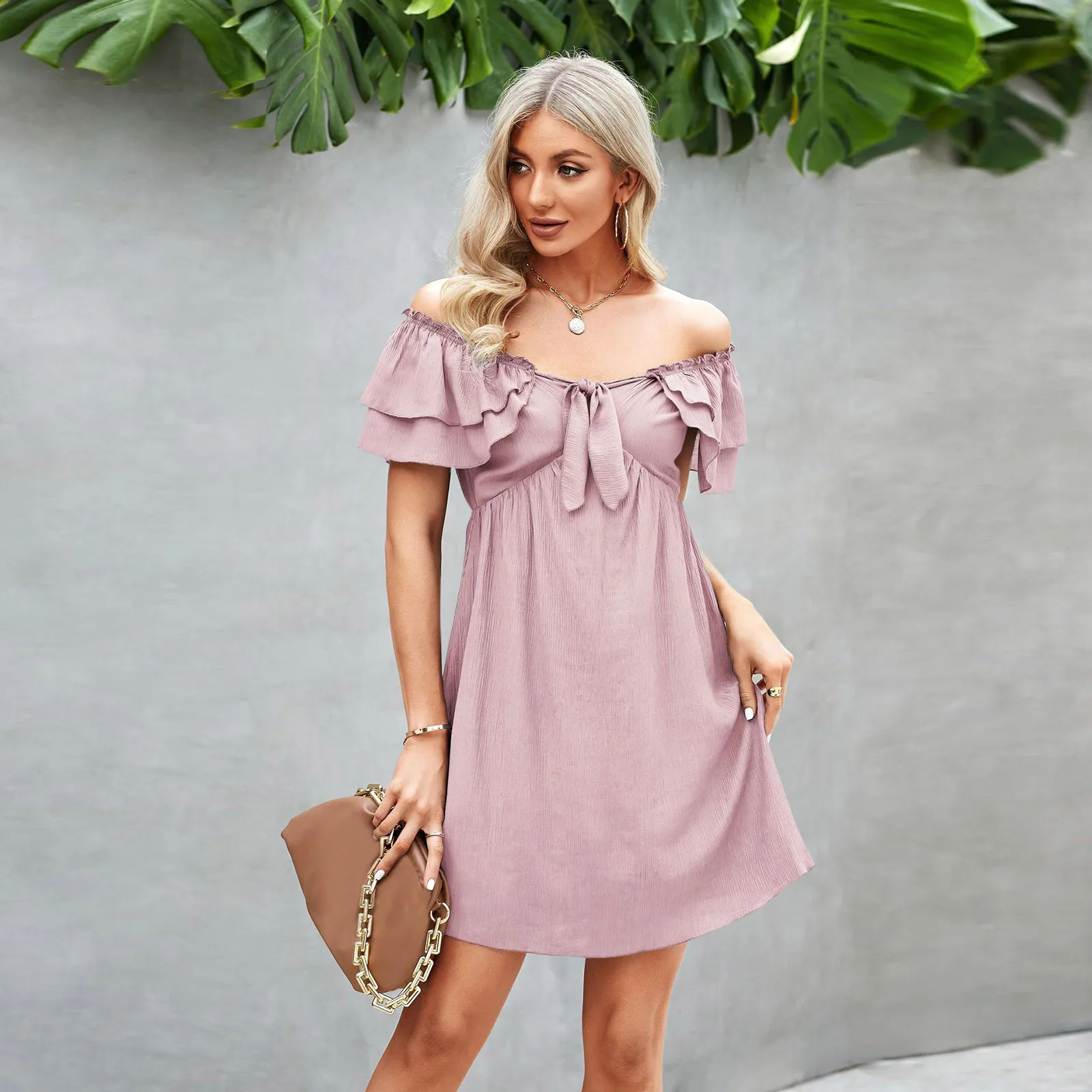 

Туника женская с оборками и открытыми плечами, однотонное ТРАПЕЦИЕВИДНОЕ вечерние-платье без рукавов, вечернее женское зеленое платье, лет...