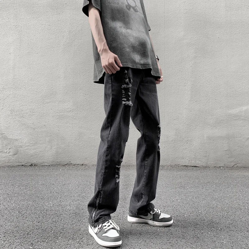 Summer Blue/Black Ripped Jeans Men Slim Fashion Casual Straight Jeans Men Streetwear Hip Hop Hole Denim Pants Mens Trousers