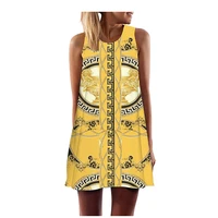 summer gold pattern pattern 3d print a line skirt casual round neck sleeveless womens dress