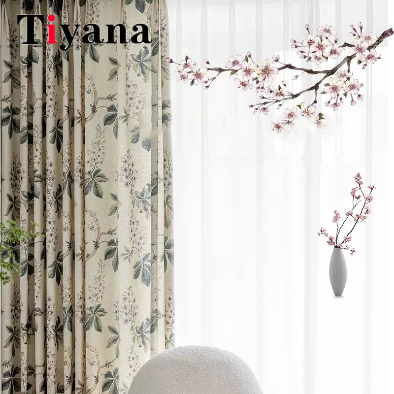 

American Pastoral Retro Cotton Linen Leaf Bedroom Blackout Printing Curtians For Living Room Balcony Window Drapes Voile Fabric